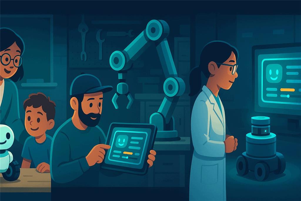 A teacher with students, a hobbyist with a robot arm and a researcher with a mobile robot, all using the same friendly dashboard