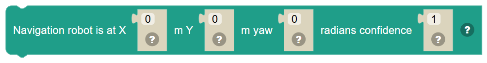 The Navigation robot is at X … m Y … m yaw … radians confidence … block