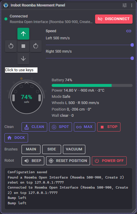 The ARCx iRobot Roomba Movement Panel connected to a Roomba Open Interface robot, with direction buttons, speed sliders, a top view of the robot and battery readings