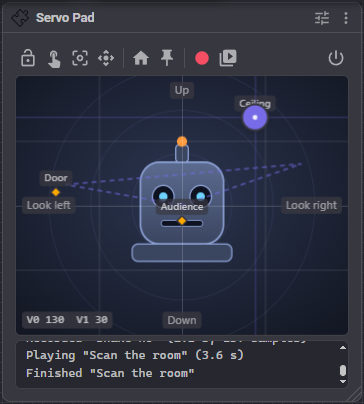 The ARCx Servo Pad window with saved poses on a pad for looking left, right, up and down