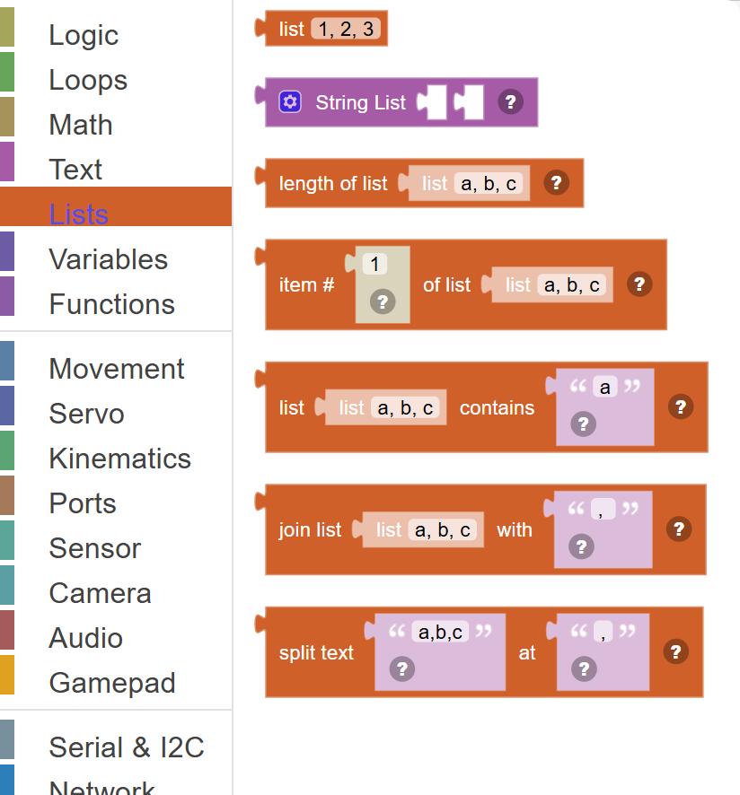 The Lists category of the toolbox