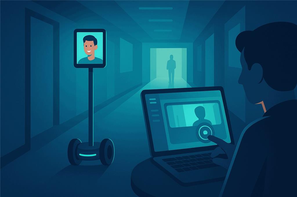 A tall telepresence robot with a tablet head rolling down an office hallway while a person drives it from a laptop browser dashboard with a live video view and a joystick