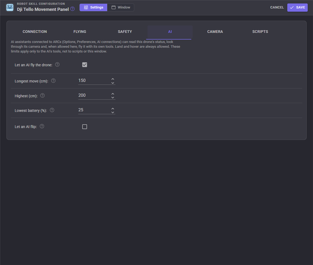 The AI tab of the ARCx Tello skill with settings for letting an AI fly, the longest move, the highest altitude, the lowest battery and flips