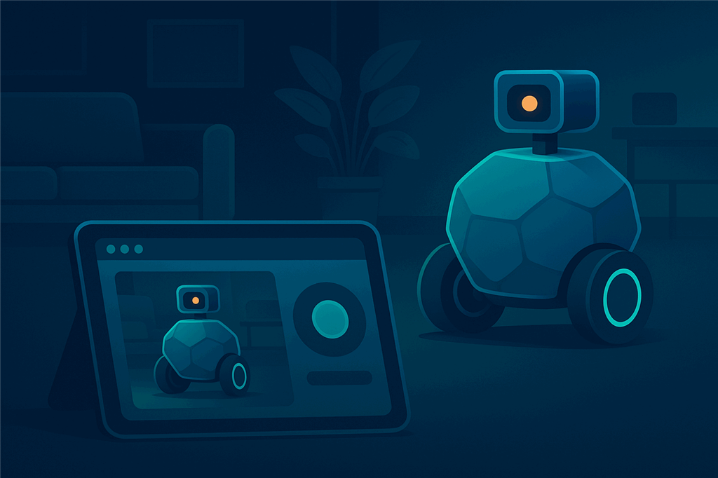 A two-wheeled robot with a camera exploring a living room while a tablet shows its camera view and an on-screen joystick