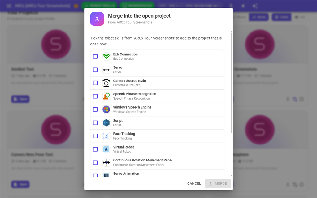 The Merge into the open project box