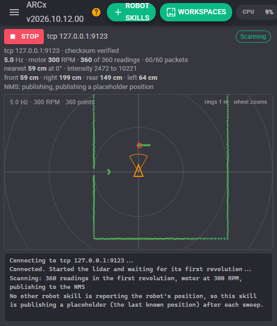 The ARCx Hitachi-LG LDS Lidar robot skill scanning, showing motor speed, nearest readings and a live top-down scan of a room