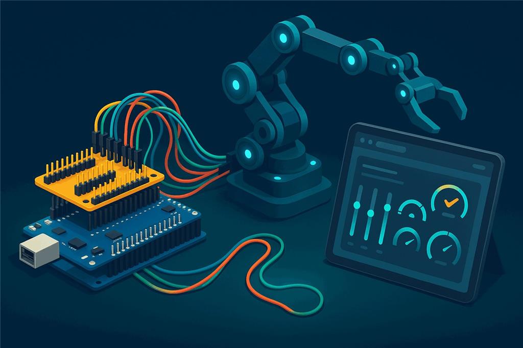 A large microcontroller board with a sensor shield wired to a six-servo robot arm, controlled from a browser dashboard on a tablet