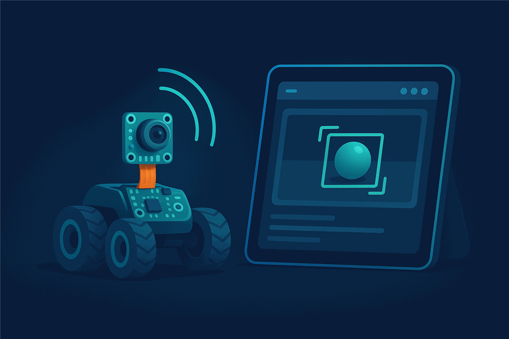A tiny camera board mounted on a small rover robot streaming live video over Wi-Fi to a tablet dashboard that is tracking a ball