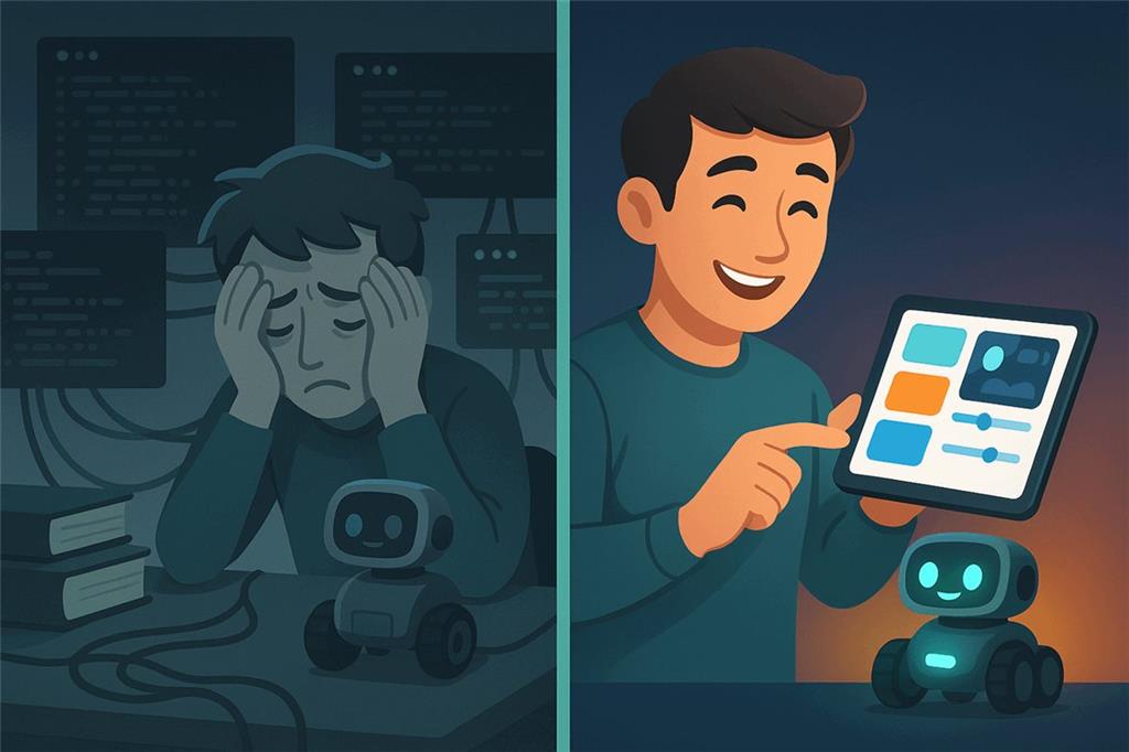 On the left a frustrated robot builder surrounded by terminal windows; on the right the same person smiling at a tablet dashboard controlling the robot