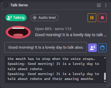 The ARCx Talk Servo window showing the mouth open 88 percent while the robot speaks a sentence