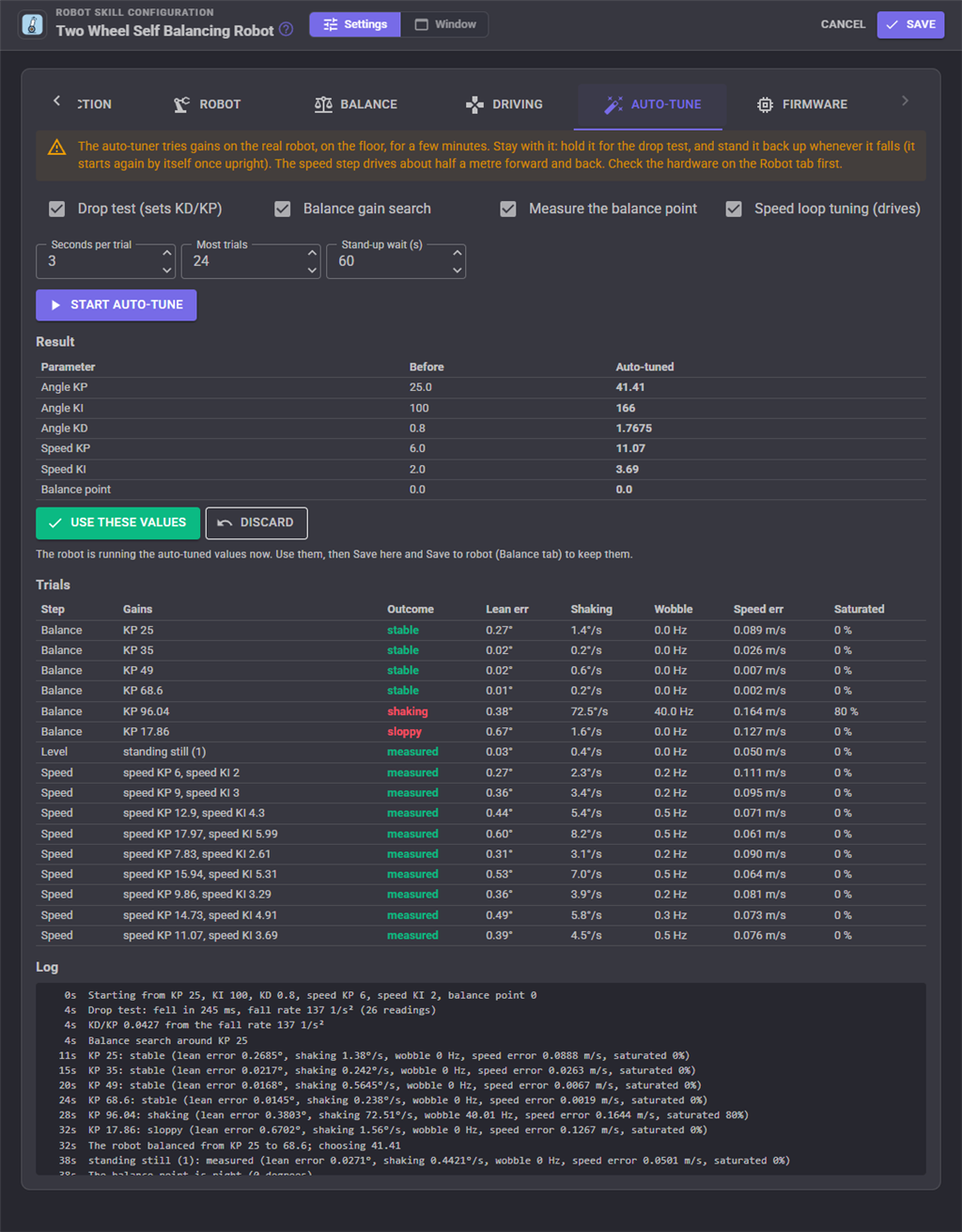 The Auto-tune tab of the ARCx Two Wheel Self Balancing Robot skill with the tuned values beside the old ones and a list of every trial