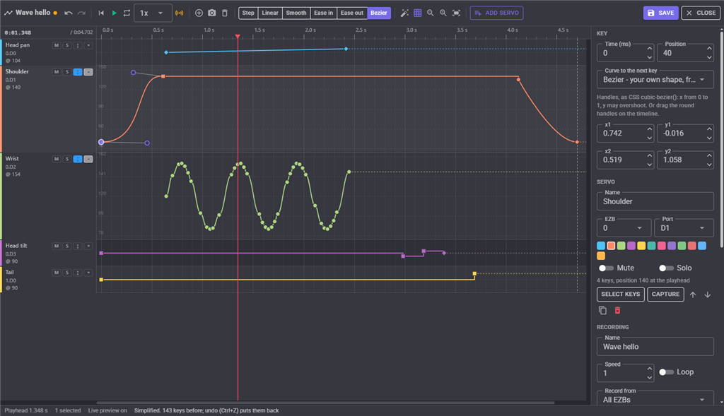 The ARCx Servo Animation timeline editor with a lane and a movement curve for each servo