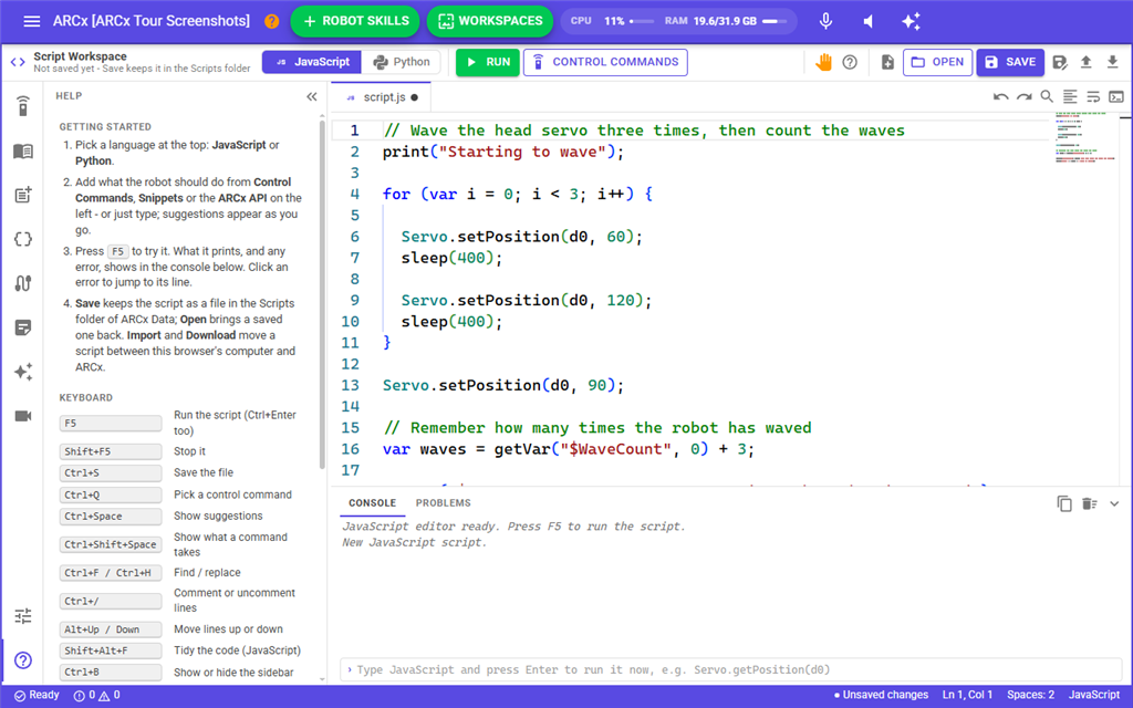 The Help view with the keyboard shortcuts