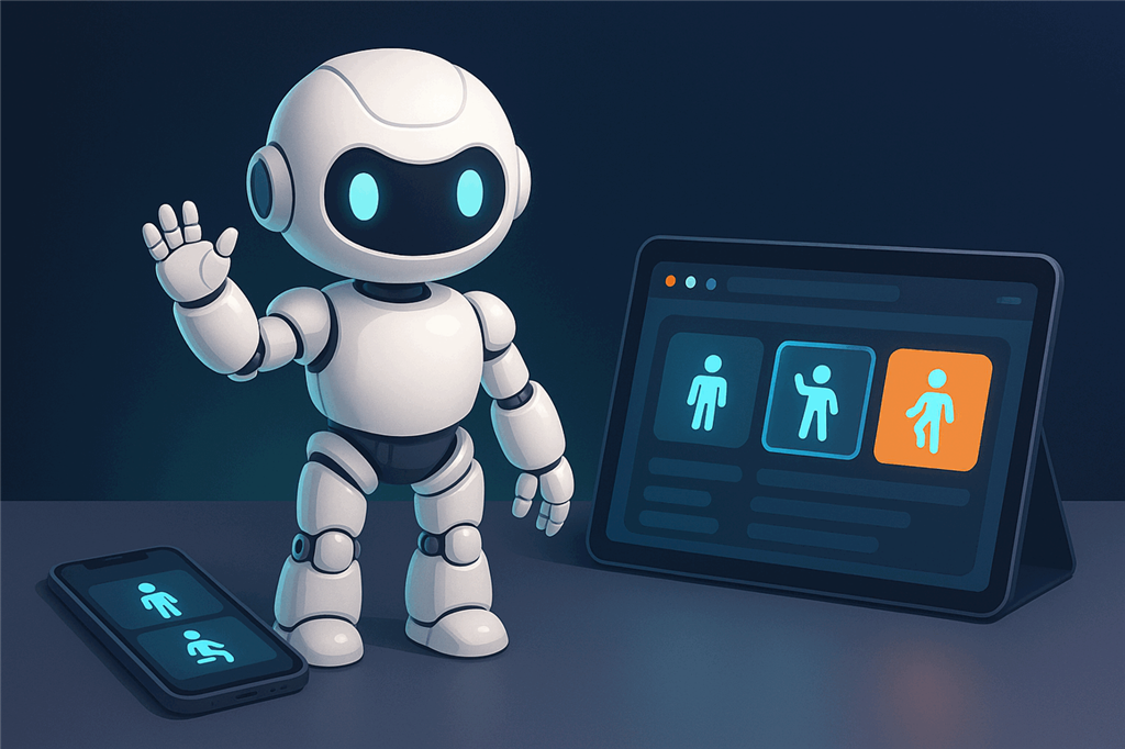 A small white humanoid robot waving beside a phone and a tablet that show big pose buttons in a browser dashboard