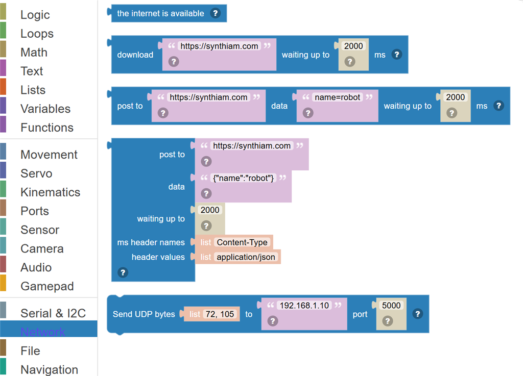 The Network category of the toolbox