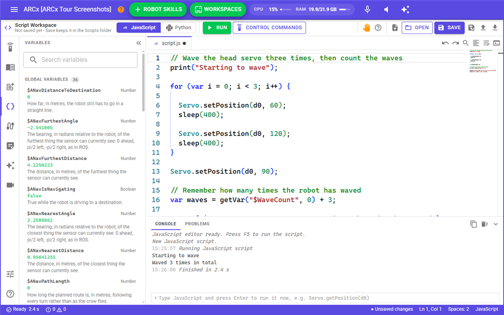 The Variables view listing the project's global variables