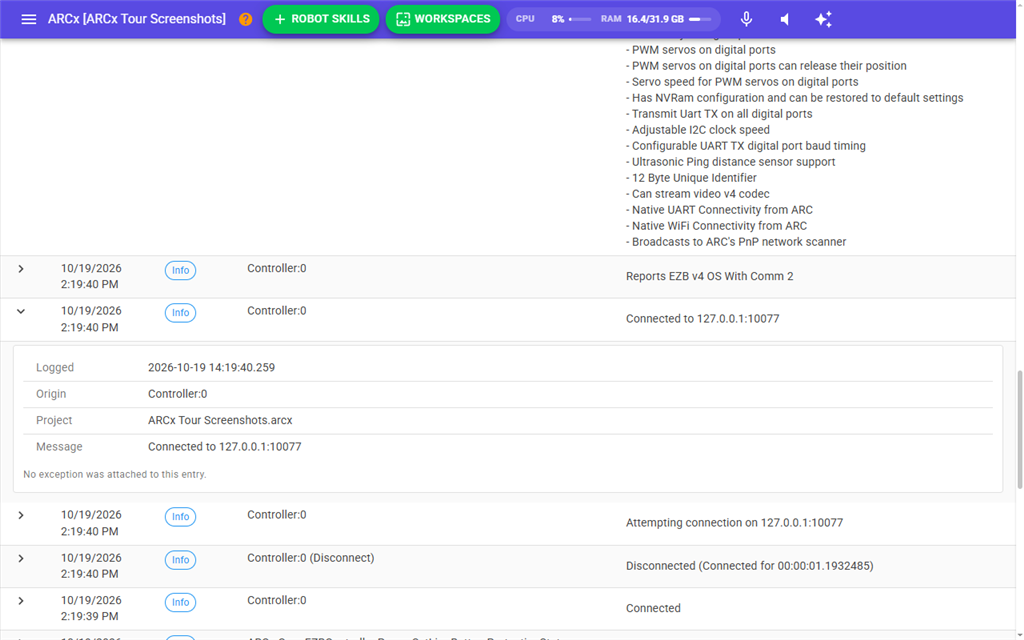 A Debug Log entry opened to show its details