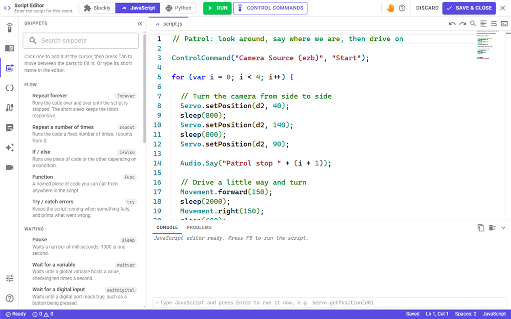 The script editor opened from a robot skill