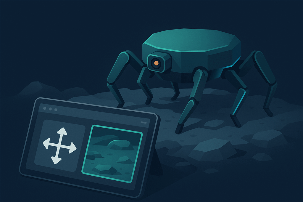 A six-legged robot walking over rocky ground while a tablet shows direction arrows and its camera view