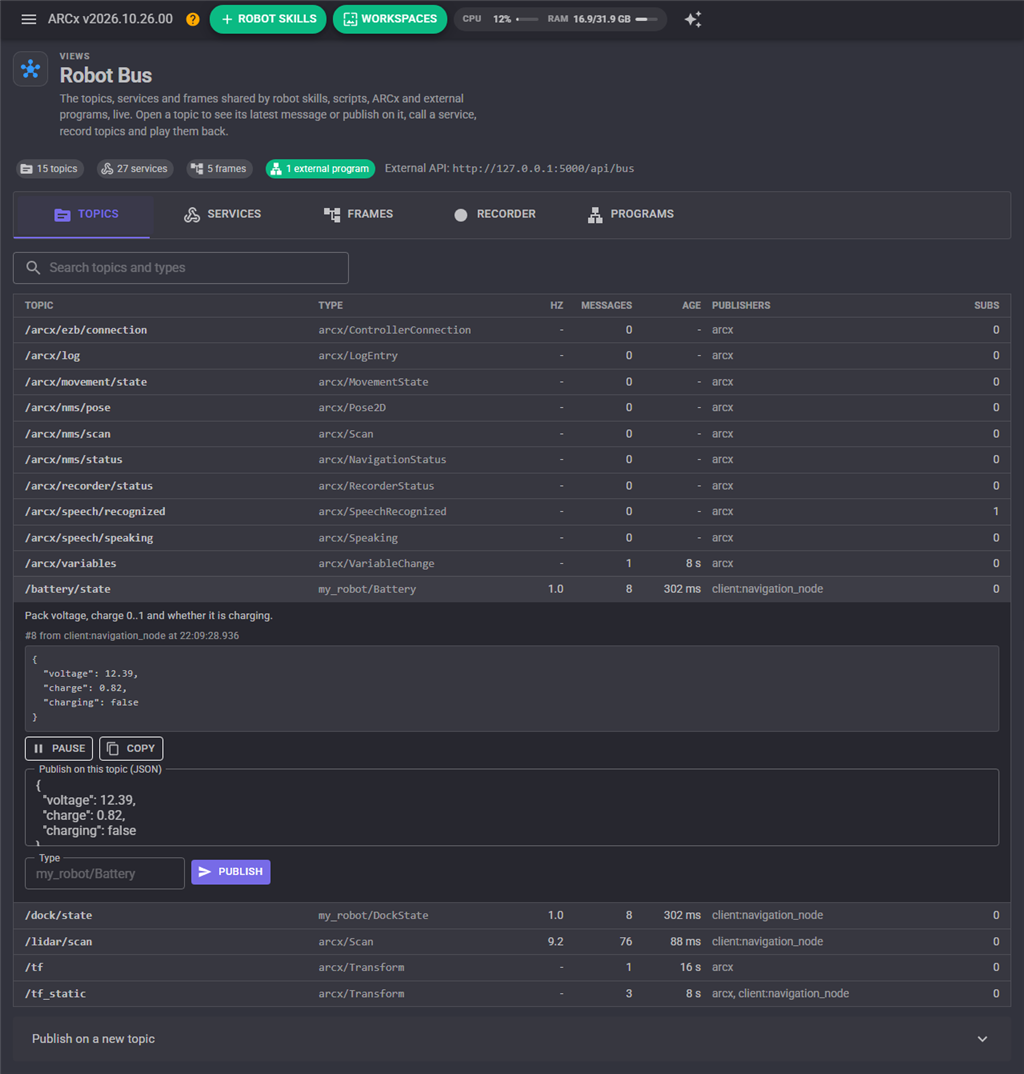 The Robot Bus view, Topics, with a topic open