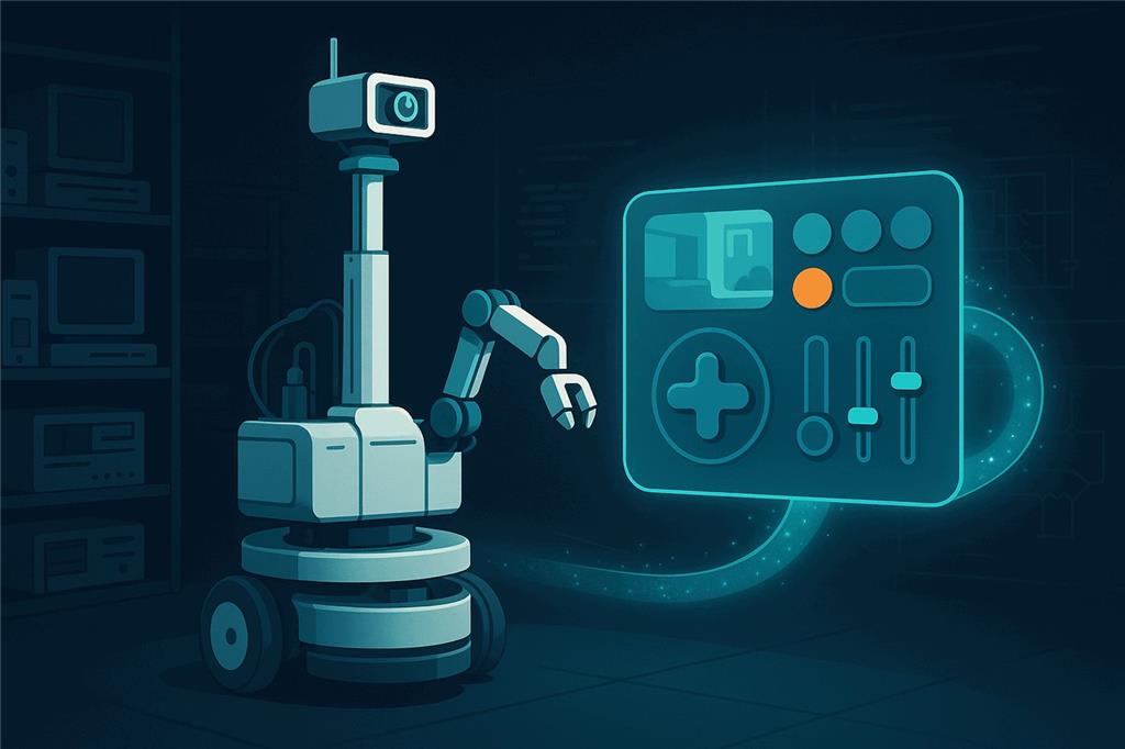 A classic ROS research robot with a mast, camera head and arm connected to a friendly Synthiam ARCx dashboard
