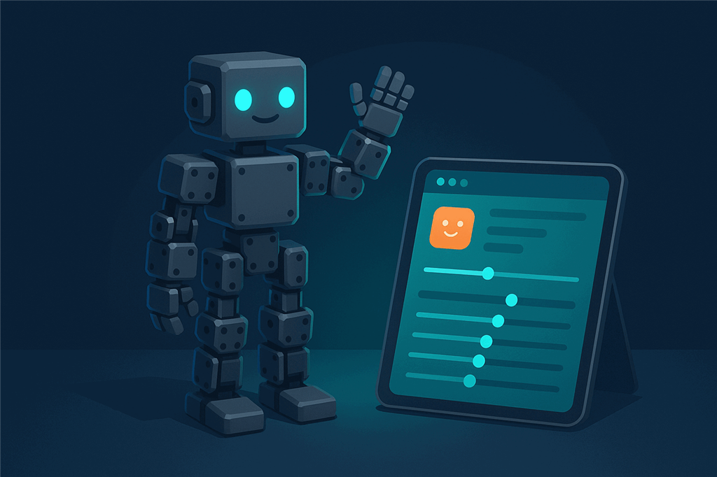 A humanoid robot built from boxy smart servos waving beside a tablet showing a pose and servo control dashboard