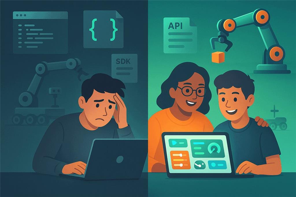 On the left a stressed developer surrounded by code editors, configuration files and SDK documents; on the right a teacher and student smiling at a visual robot dashboard