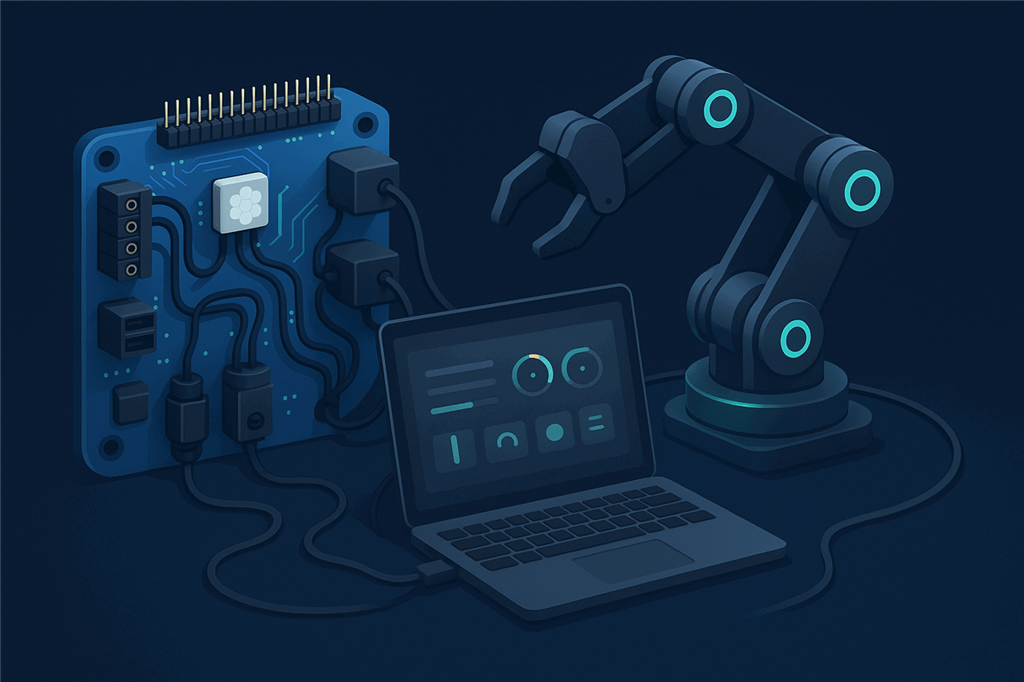 A blue robot controller board cabled to smart servos in a desktop robot arm and connected by USB to a laptop showing a control dashboard