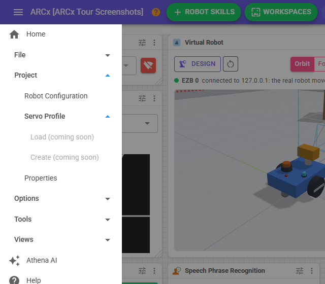 The Servo Profile group in the side menu, with both entries greyed out