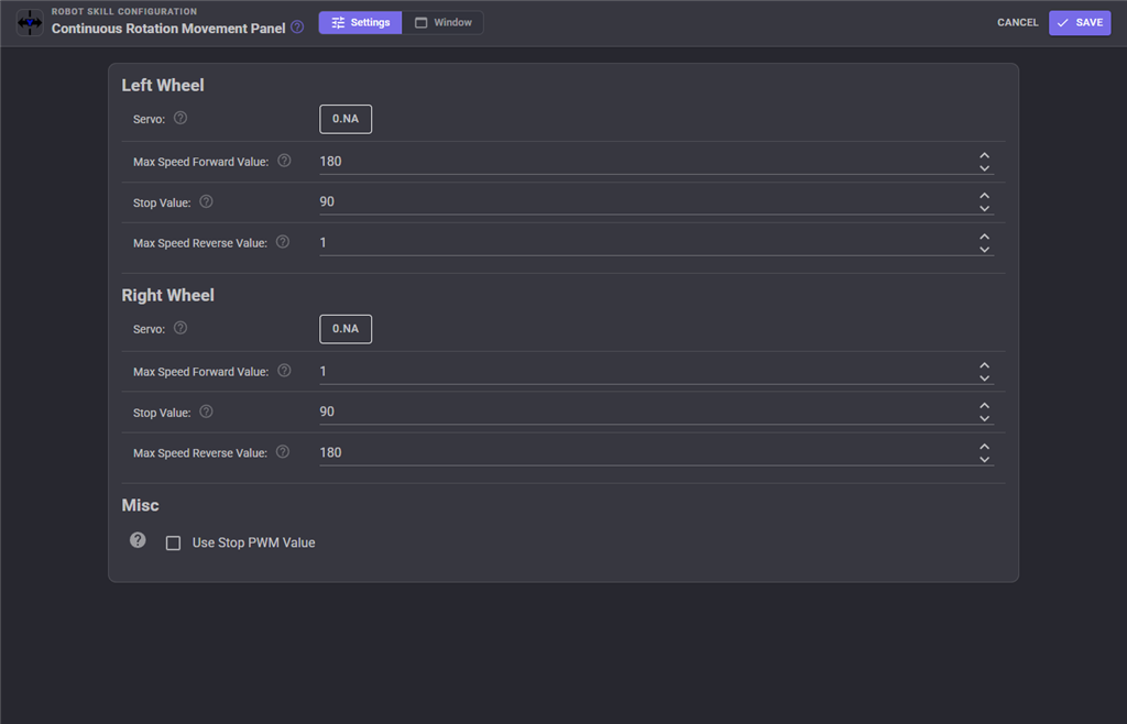 Continuous Rotation <a href='/Support/ARC-Overview/movement-panels' target='_top'>Movement Panel</a> configuration settings