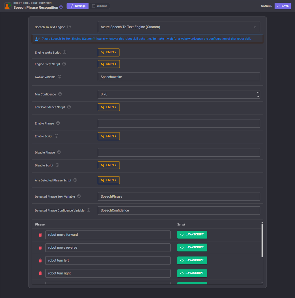 Speech Phrase Recognition configuration settings