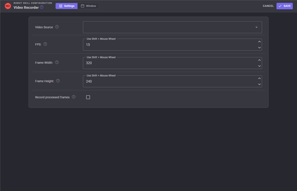 Video Recorder configuration settings