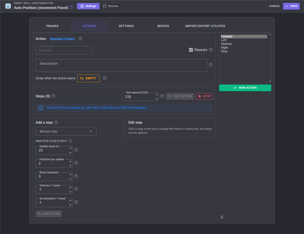 Actions configuration tab