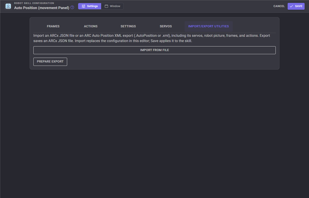 Import export utilities configuration tab
