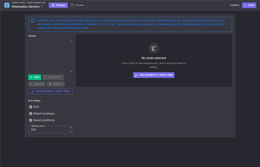 Kinematics Service configuration settings