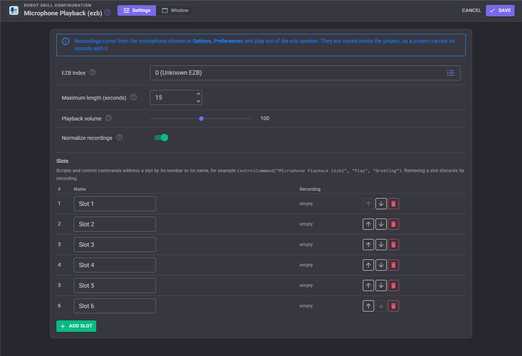 Microphone Playback (ezb) configuration settings