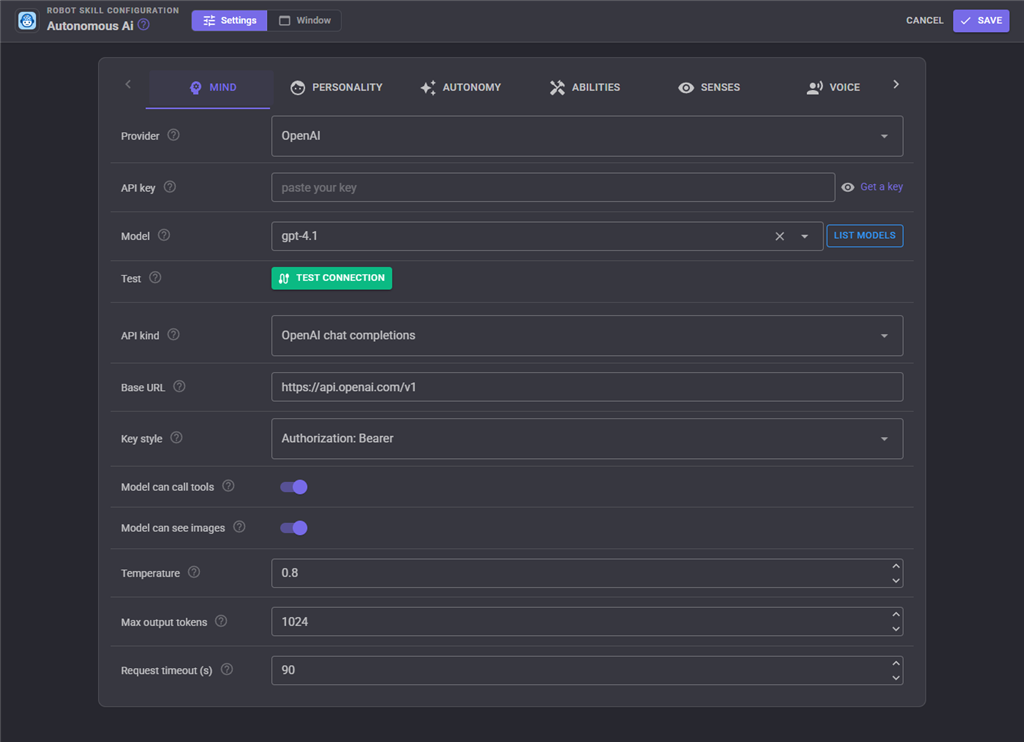 Mind configuration tab
