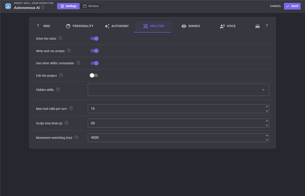 Abilities configuration tab