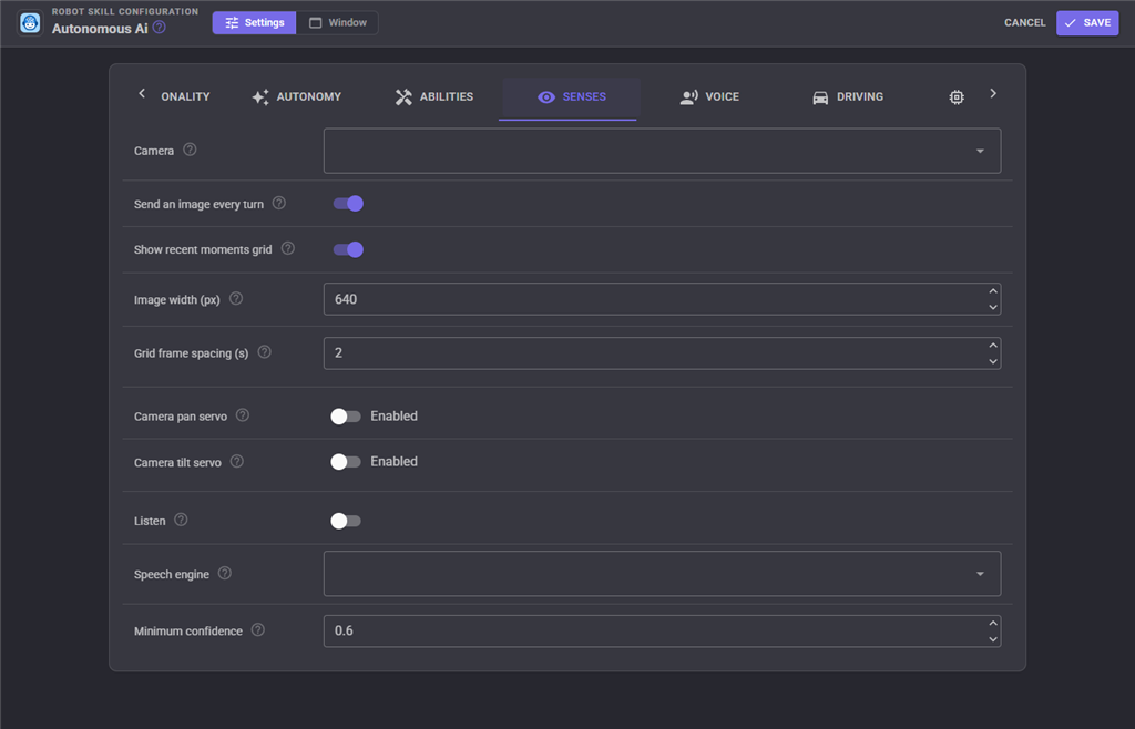 Senses configuration tab