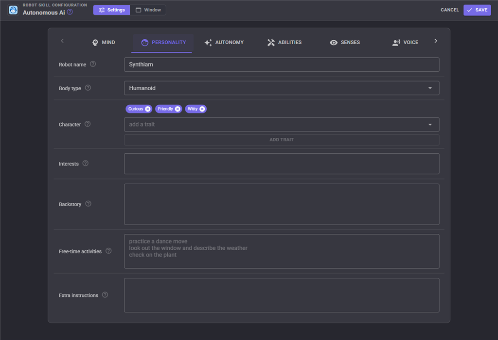 Personality configuration tab