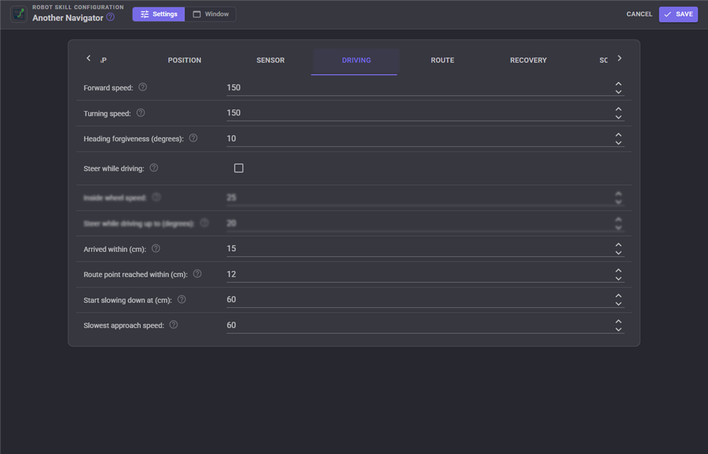 Driving configuration tab