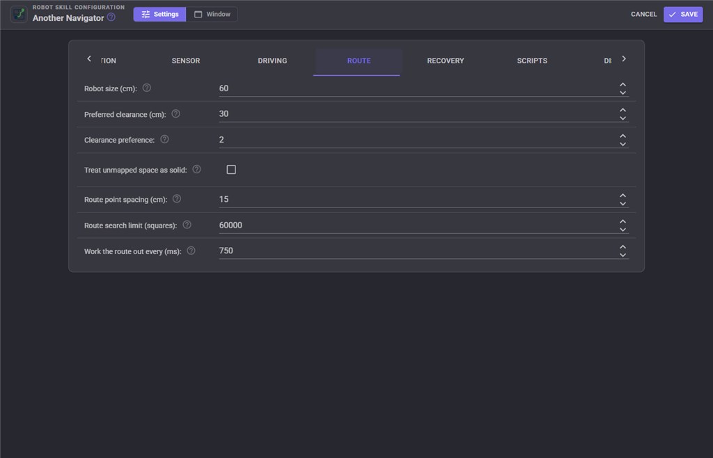 Route configuration tab