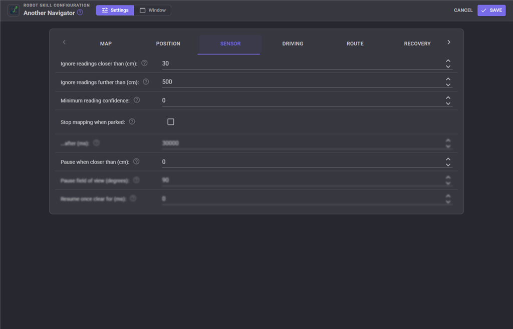 Sensor configuration tab