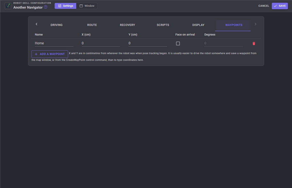 Waypoints configuration tab