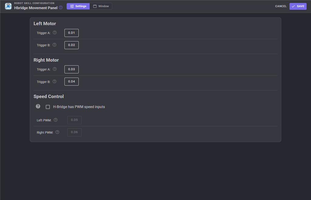 Hbridge <a href='/Support/ARC-Overview/movement-panels' target='_top'>Movement Panel</a> configuration settings