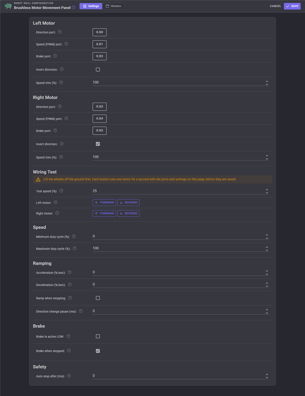 Brushless Motor <a href='/Support/ARC-Overview/movement-panels' target='_top'>Movement Panel</a> configuration settings