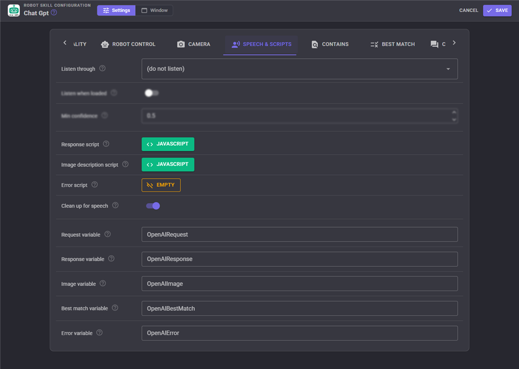 Speech and Scripts tab