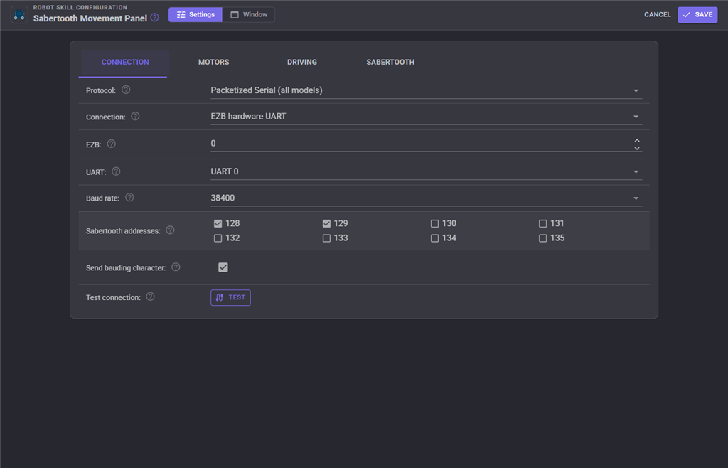 Connection tab in Packetized Serial with two Sabertooths