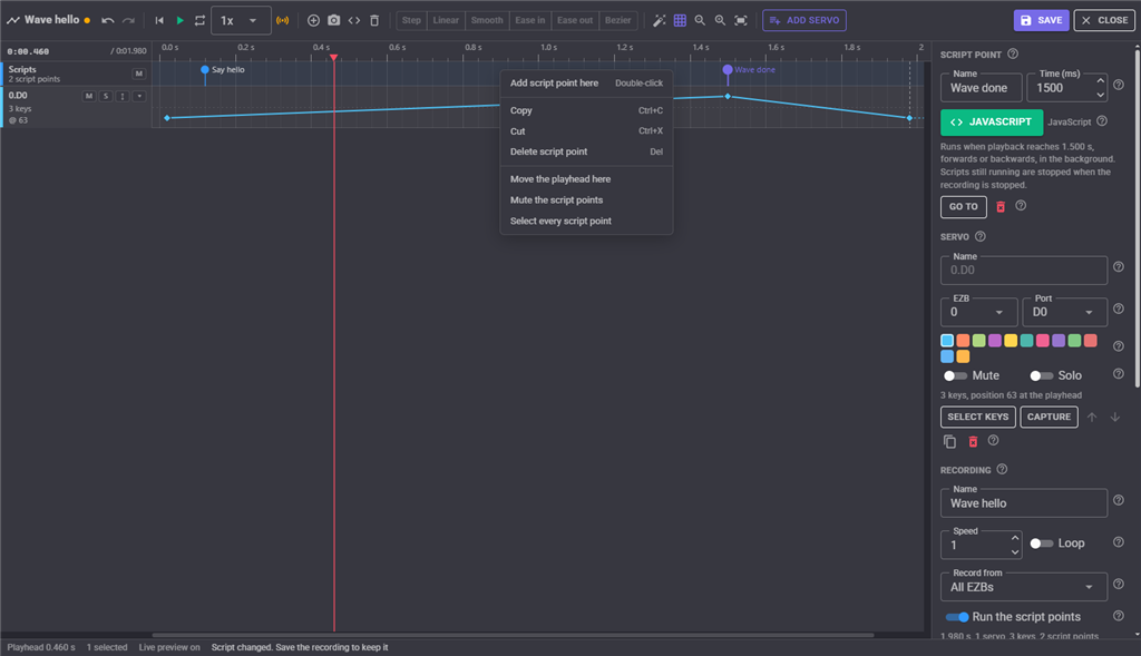 The script lane's right-click menu