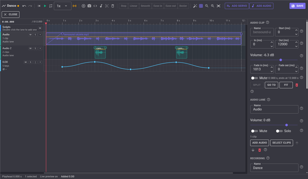 Audio lanes with a music clip and two sound effects